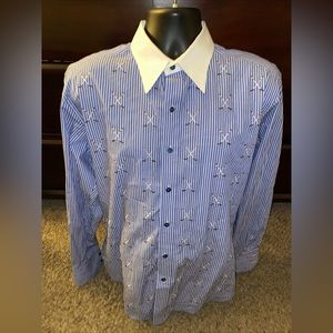 Robert Graham Golf Print AOP Men's Large Blue Striped Long Sleeve Button Up